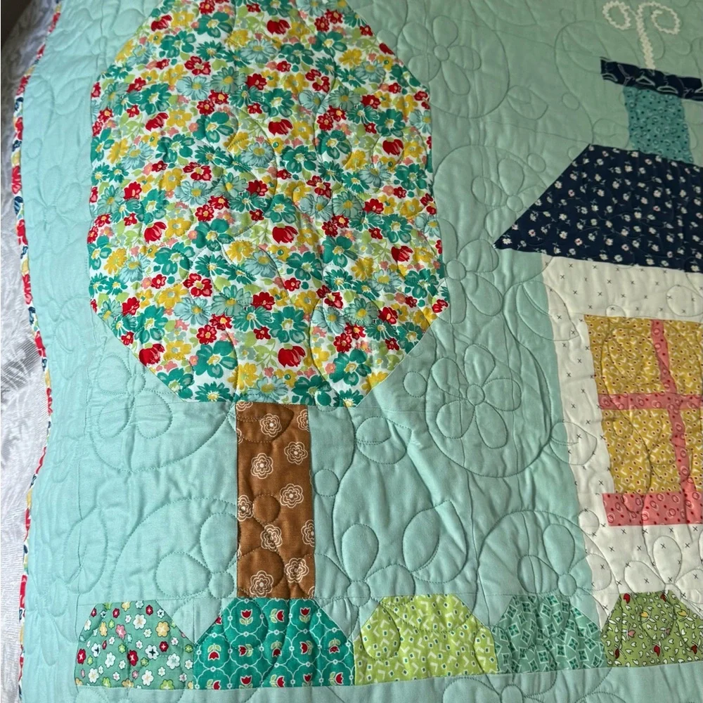 Homemade Aqua Blue Quilted Folk Art Quilt with Geometric Patterns - Picture 4 of 10